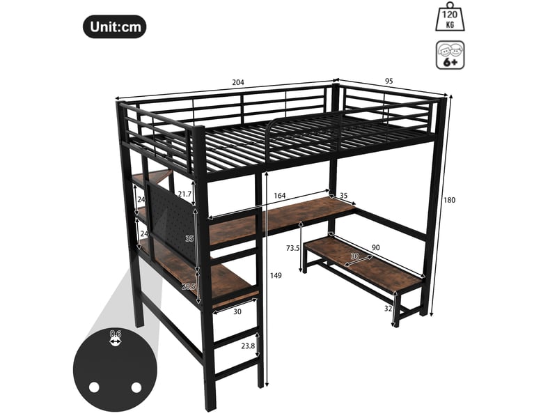  Lit mezzanine 90 x 200 cm avec bureau, led, usb-c, étagères et panneau perforé, noir  - Conforama C