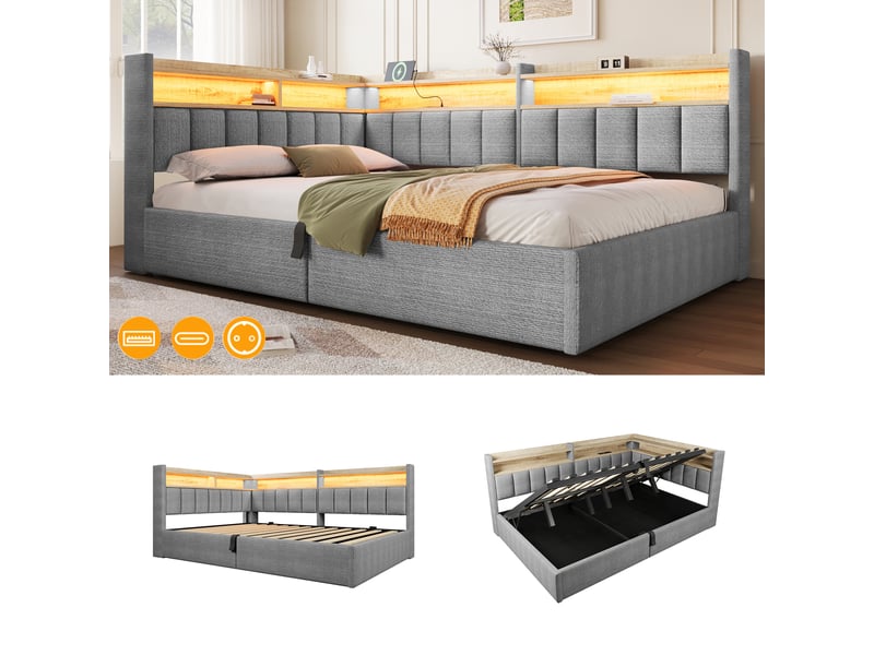  Lit coffre hydraulique 140x200 cm avec led, usb-a et usb-c et tête réversible, velours gris, sans matelas  - Conforama E