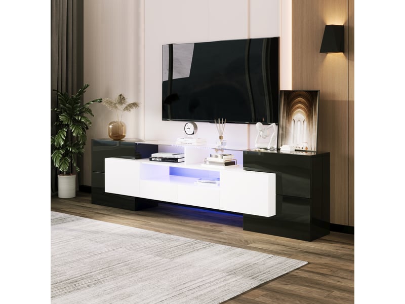  Meuble tv 200 cm avec led et plateau en verre - design moderne - mdf - 200 x 35 x 60 cm - noir et blanc brillant  - Conforama D