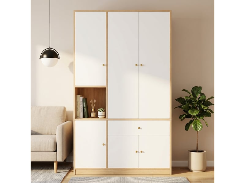 Armoire 3 portes armoire de chambre 120x50x200 cm avec 2 tringles 1 tiroir et compartiments blanc et bois - Conforama B
