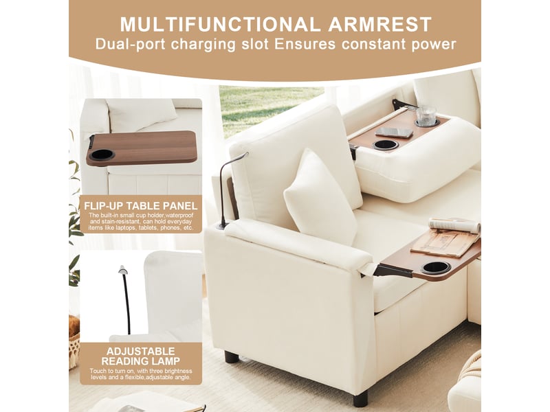  Canapé d'angle convertible 4 places en chenille beige avec pouf  - Conforama C