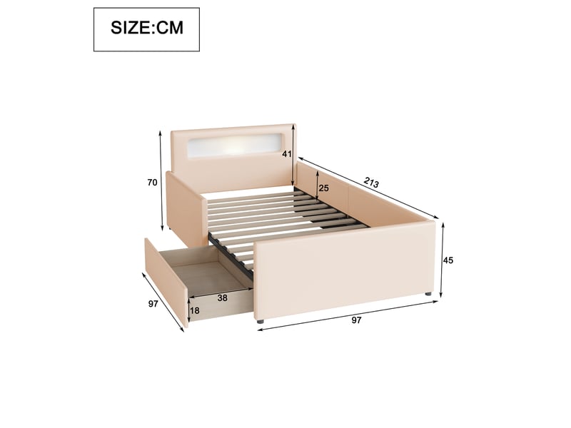 Lit enfant 90x200 cm, 213x97x70 cm, tiroirs, veilleuse led, port usb, similicuir beige, sans matelas - Conforama C