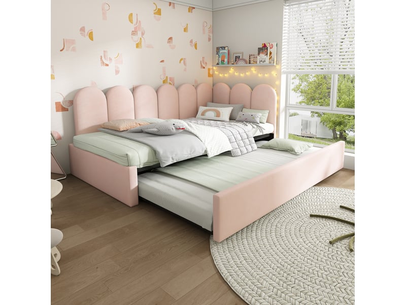  Lit enfant gigogne 90x200 cm avec couchage 90x190 cm, velours rose  - Conforama D