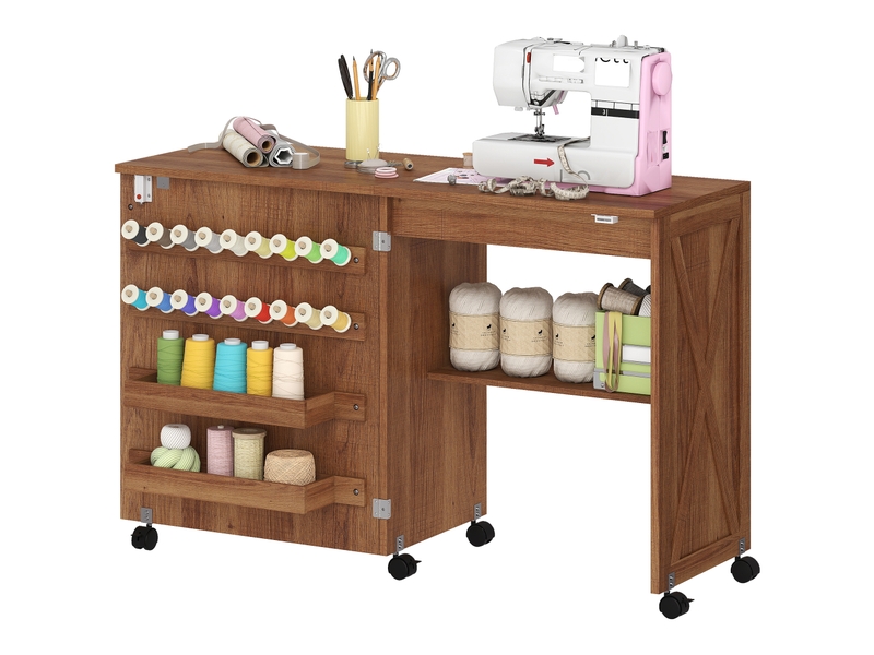  Table de couture pliable mobile 2 bacs 18 porte-bobines étagère bois  - Conforama E