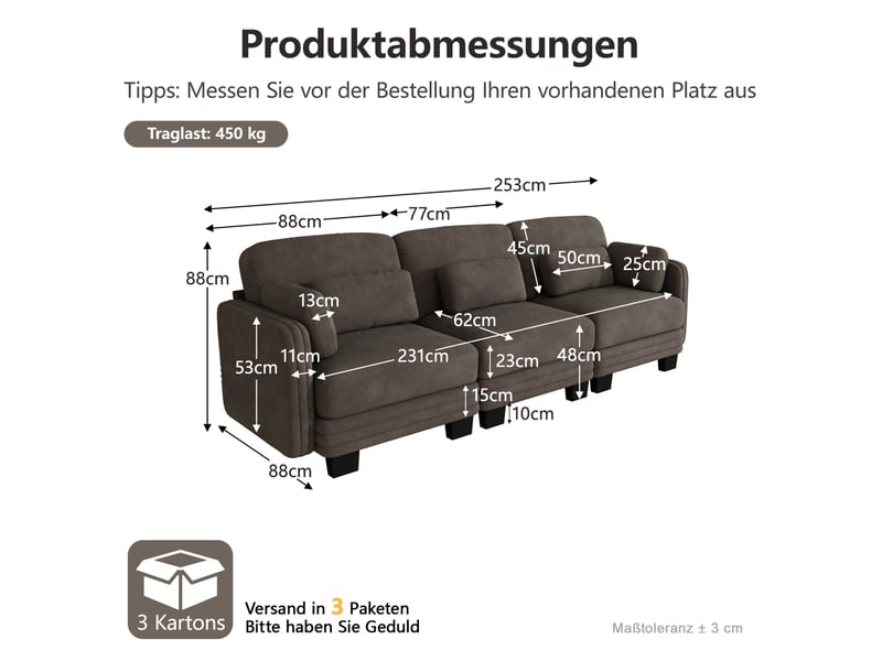  Canapé droit modulable 3 places 253x88x88 cm, coussins de soutien et accoudoirs, chenille, marron  - Conforama C
