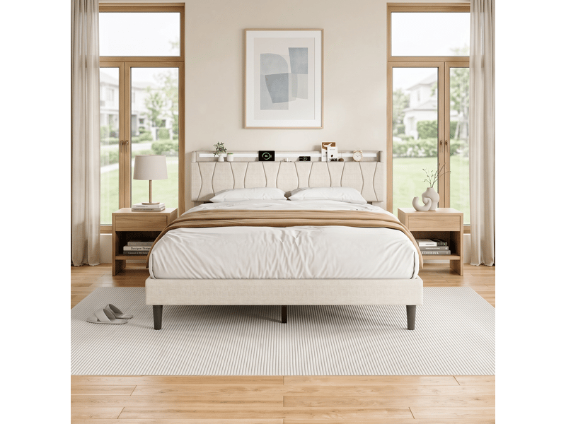 Structure de lit double 140x200 cm avec sommier à lattes, prises usb et type-c, éclairage led au niveau de la tête de lit avec rangement, lit rembourré en lin sur pieds hauts, lit 2 personnes fonctionnel pour chambre à coucher m… - Conforama B