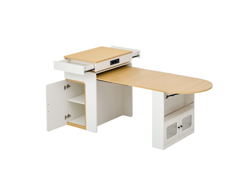  Îlot de cuisine mobile 80 × 55 cm, table coulissante, 2 tiroirs, led, prises, usb et usb-c, blanc et effet chêne  - Conforama A