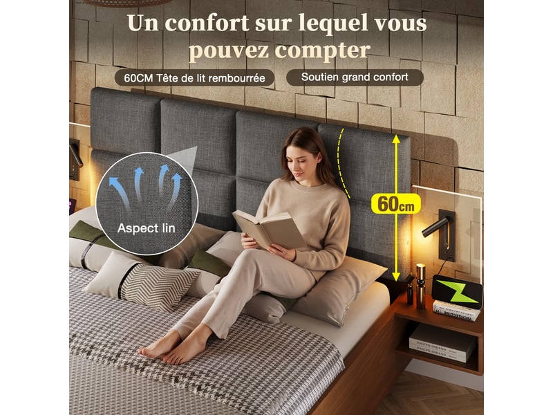  Lit double 180x200cm - avec liseuses, ports usb-ac et éclairage led - avec 2 tables de chevet suspendues - tête de lit rembourrée - gris+noyer (matelas non inclus)  - Conforama W