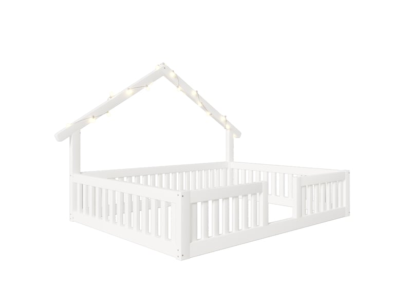  Lit cabane enfant 140x200 cm – blanc – barrière de sécurité, guirlande led à interrupteur - sans matelas  - Conforama D