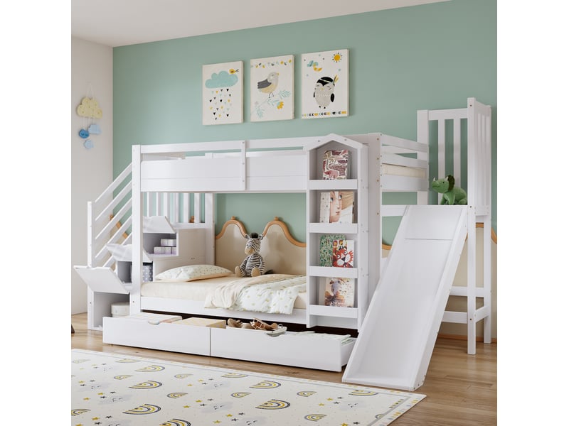  Lit superposé enfant 90x200 cm avec toboggan, escalier de rangement, tiroirs, bois et mdf blanc sans matelas  - Conforama B