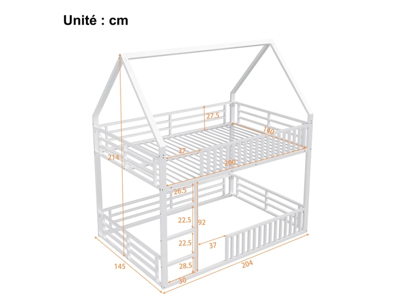  Lit superposé 140x200 cm - lit cabane avec led 7 couleurs - métal - sans matelas - blanc  - Conforama C