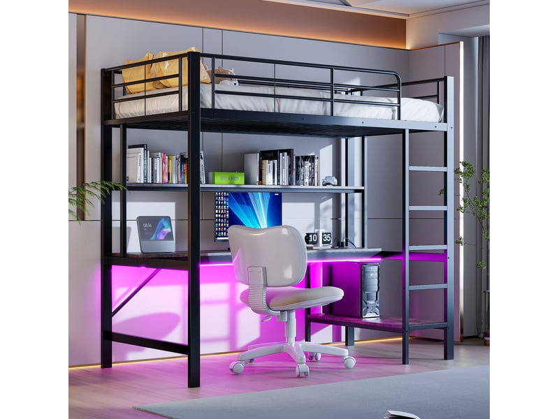  Lit mezzanine enfant 90 x 200 cm noir avec bureau, étagères, led, usb et prise  - Conforama D