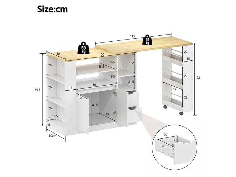 Îlot de cuisine 115x50x92 cm blanc et naturel, plateau rotatif extensible - Conforama C