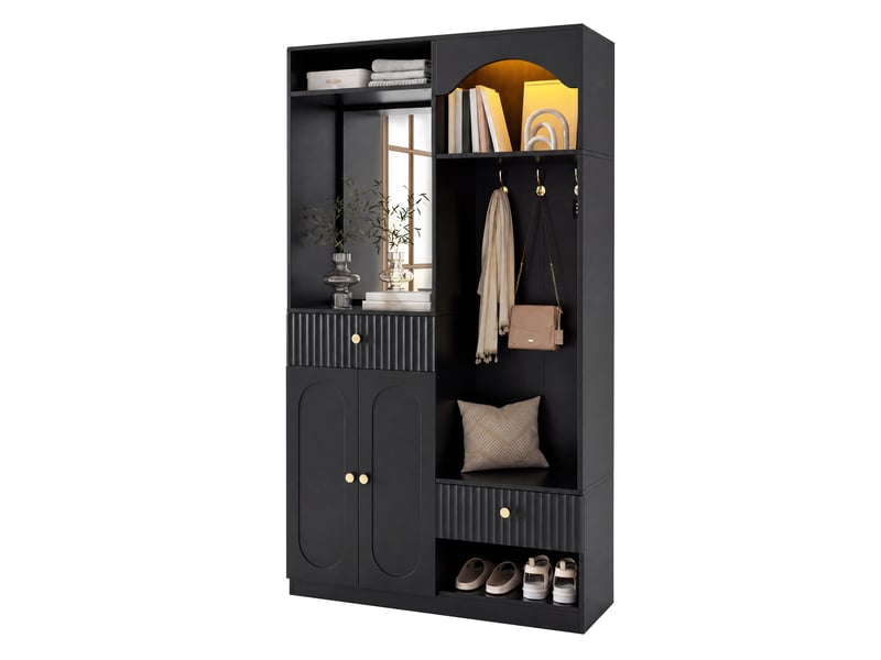  Meuble d'entrée avec miroir, banc, led, 2 portes et étagères réglables, en mdf noir, 100 × 35 × 180 cm  - Conforama A