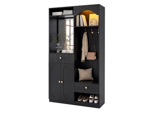 Meuble d'entrée avec miroir, banc, led, 2 portes et étagères réglables, en mdf noir, 100 × 35 × 180 cm