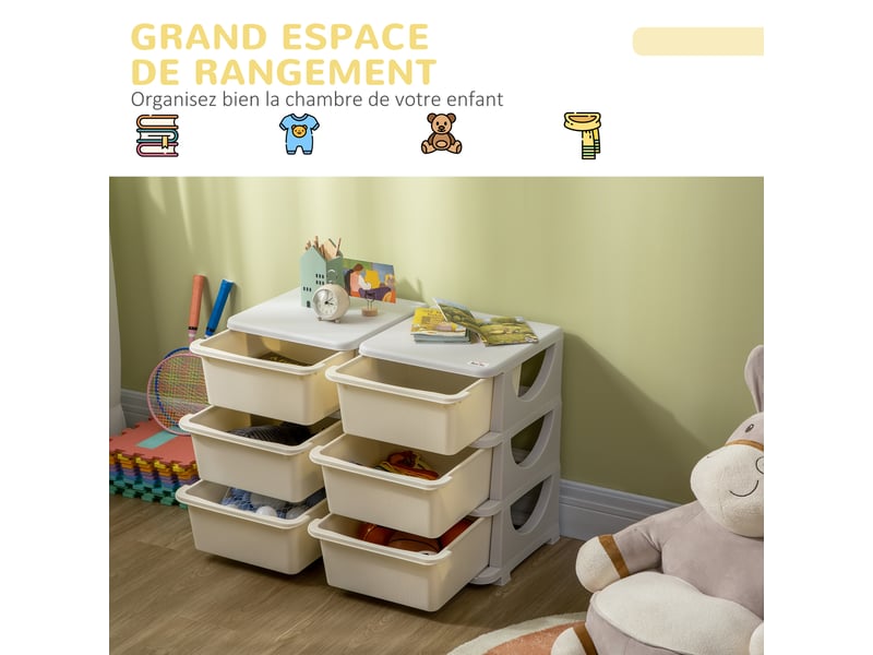  Organisateur de jouets pour enfants à 3 niveaux avec 6 tiroirs, boîtes de rangement en plastique, 75x37x56,5cm, crème  - Conforama D