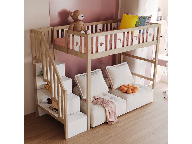  Lit mezzanine 90x200 en bois massif avec échelle, rangements et barrière de sécurité  - Conforama B