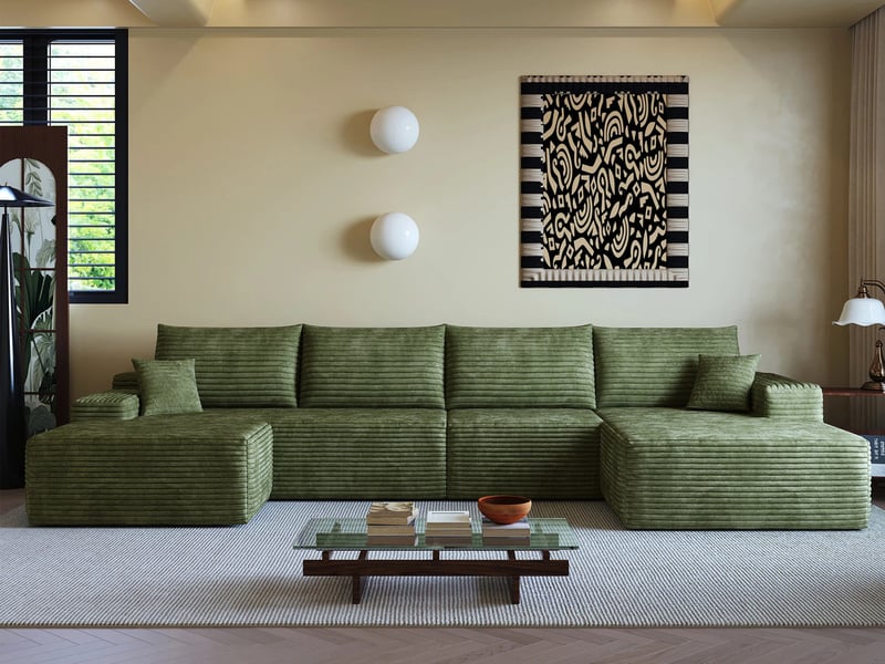  Canapé d'angle  modulaire ,5 places, avec méridienne en l, assise profonde ,340 × 175 ×83cm, vert  - Conforama B
