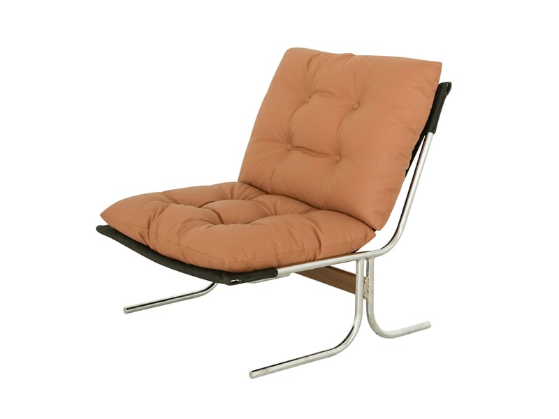  Fauteuil lounge marron en simili, housse amovible, pieds en métal, style barcelona  - Conforama D