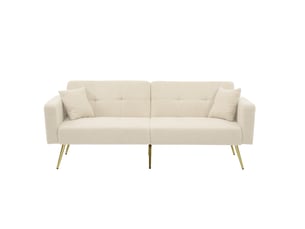 Canapé droit convertible 2 places 175 cm beige en sherpa, dossier 3 positions, poches latérales et pieds dorés