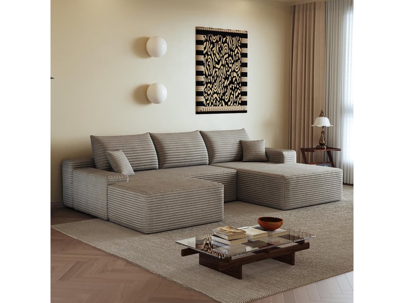  Canapé d'angle modulaire 270cm - canapé en l avec méridienne gauche, velours côtelé, sans montage - beige  - Conforama B