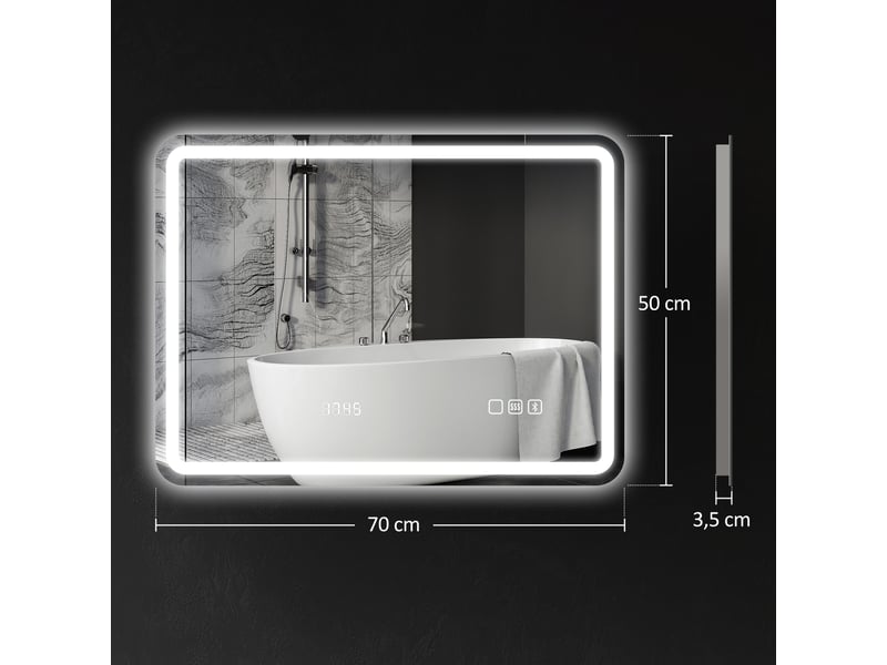  Miroir salle de bain bluetooth avec éclairage led 50 x 70 cm, miroir lumineux mural avec horloge, antibuée, argenté  - Conforama E