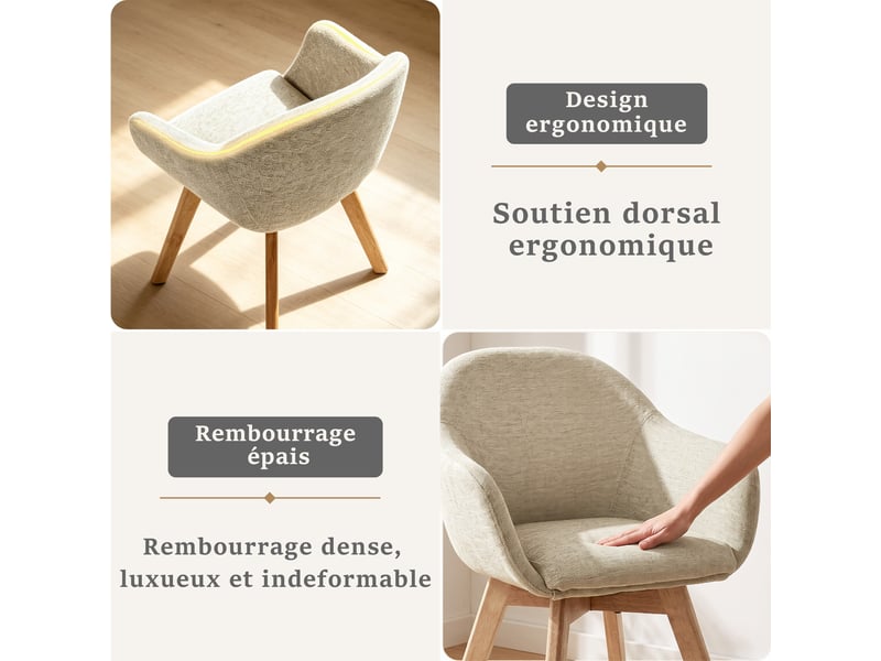 Lot de 4 chaises de salle à manger pivotantes à 360° – tissu effet lin respirant, pieds en bois massif - gris beige - Conforama E