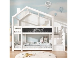 Lit superposé cabane enfant 90x200 cm avec escalier de rangement et tableau noir intégré, bois et mdf, blanc, sans matelas