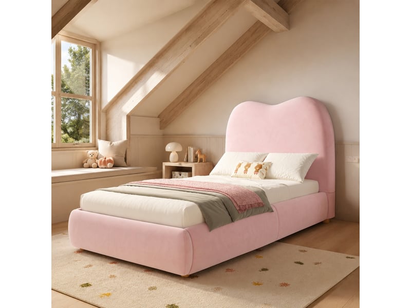 Lit enfant coffre hydraulique 90x200 cm en velours rose avec sommier - Conforama B