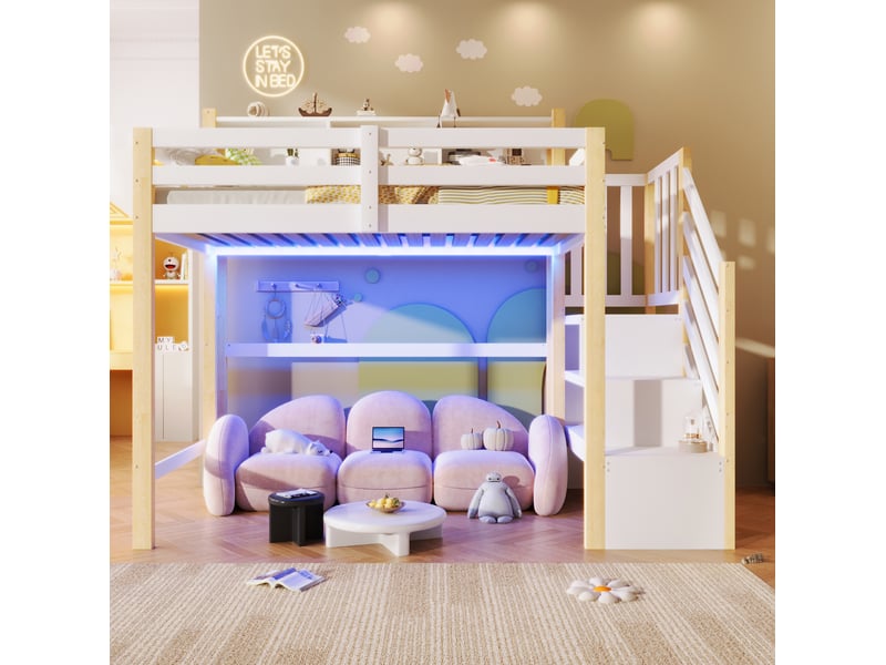 Lit mezzanine enfant 90x200 cm avec led et rangement coloris blanc et naturel  - Conforama E