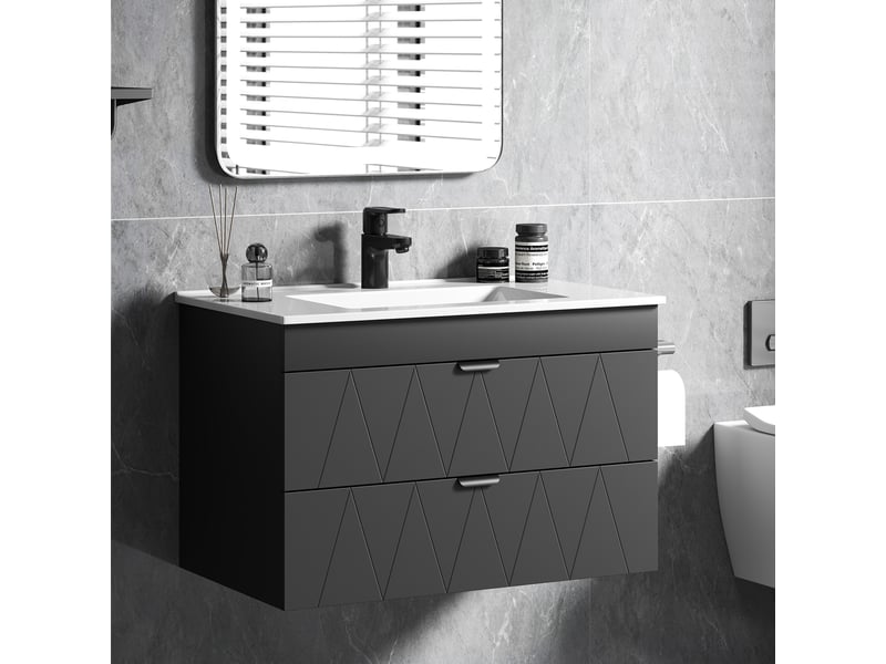  Meuble sous-vasque suspendu avec vasque en céramique noir mat 76x46x50 cm  - Conforama B