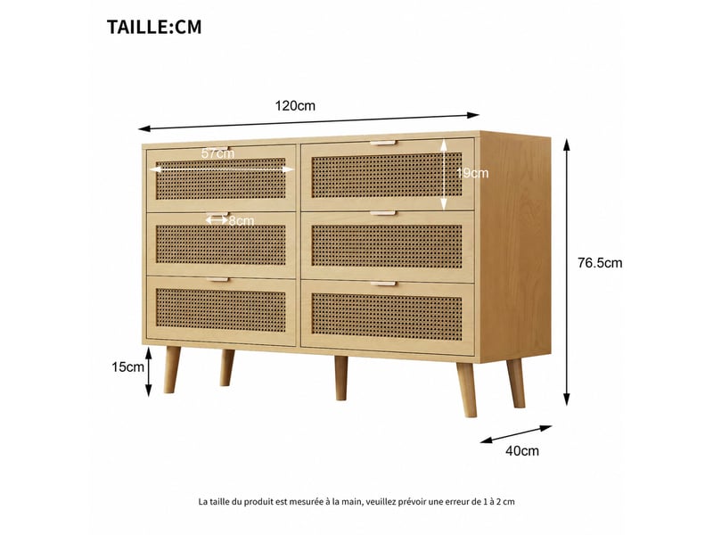  Commode à 6 tiroirs style rétro – 120 x 76,5 x 40 cm – poignées métal et pieds en bois  - Conforama D