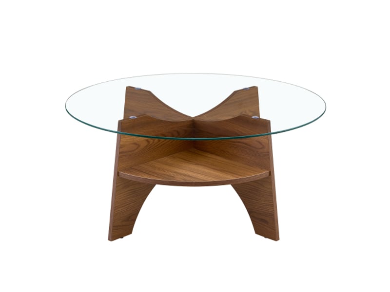 Table d'appoint ronde en verre trempé ø80 cm, piètement éventail, pieds mdf effet noyer, design multifonctionnel - Conforama A