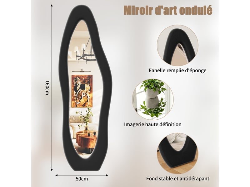  Miroir plein pied 160x50 cm forme ondulée, cadre rembourré en flanelle noire, miroir au sol décoratif pour chambre et salon  - Conforama C