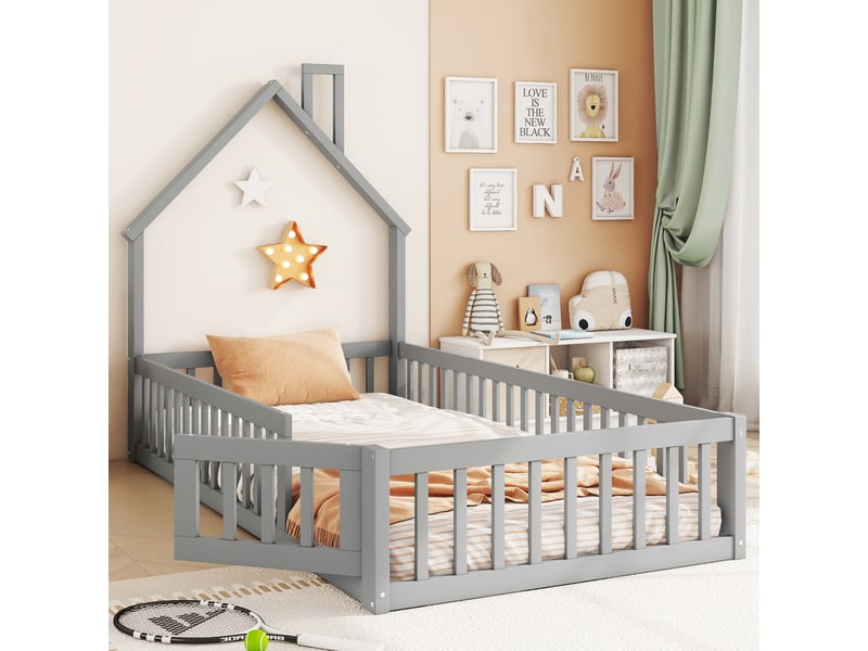 Lit cabane enfant 90x200 gris, lit avec forme de cheminée et barrières de sécurité, sommier à lattes inclus, bois de pin - Conforama B
