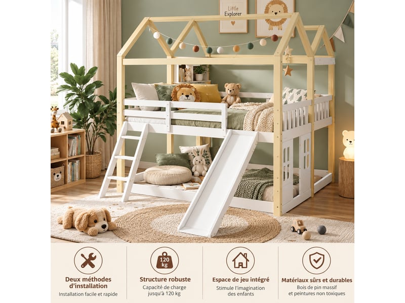  Lit mi-hauteur enfant avec toboggan, échelle réversible et espace de jeu - 90 x 200 cm - blanc et naturel  - Conforama E