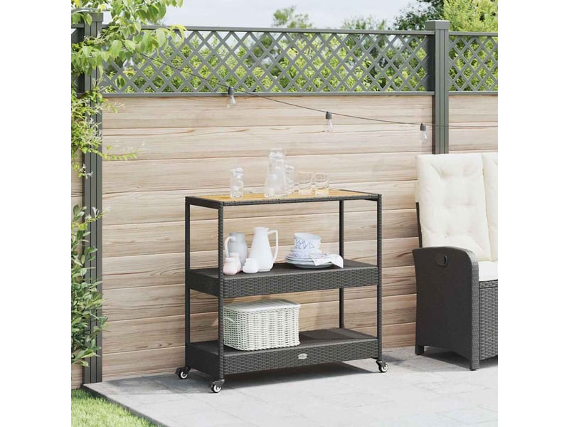  Chariot de service, chariot de bar 3 niveaux noir rotin et bois d'acacia massif  - Conforama C