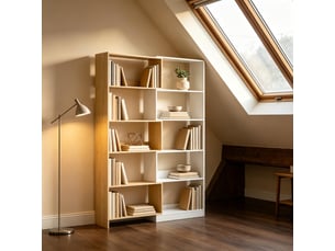 Bibliothèque pivotante à 5 niveaux modulable 350° - étagères ouvertes, panneaux de particules naturel et blanc