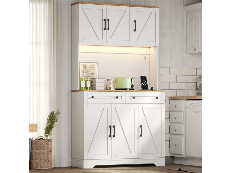  Armoire de cuisine haute 100x40x180 cm, meuble de rangement avec led rgb, prises électriques, portes de grange, naturel et blanc  - Conforama C