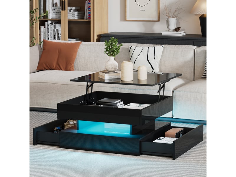  Table basse carrée avec plateau relevable, 2 tiroirs, led et rangement caché, pour salon, noir, 65 x 65 x 38.5 cm  - Conforama D