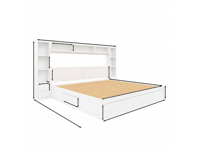  Cadre de lit 180 x 200 avec rangement, 7 tiroirs, tête de lit bibliothèque et led, blanc  - Conforama E