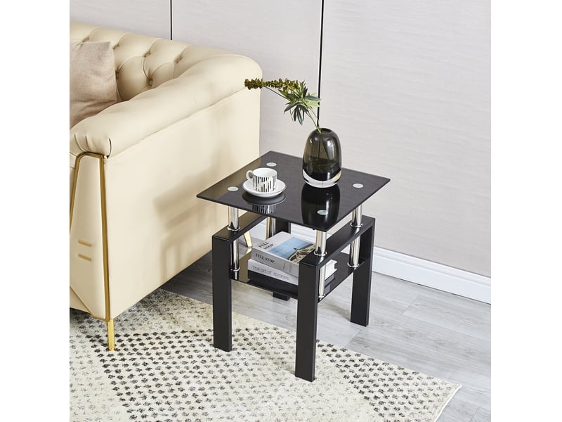  Lot de 2 tables d'appoint en verre trempé noir avec étagère basse et pieds métal, style design moderne  - Conforama D