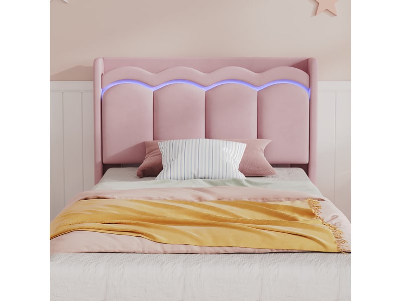  Lit enfant 90x200 cm avec tiroir, tête de lit ondulée, led pilotée par application, velours rose, sans matelas  - Conforama E
