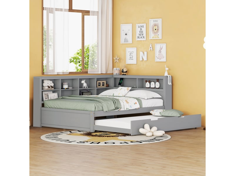  Canapé-lit en bois 140*200 avec lit extractible 90*190, usb et rangements, gris, multifonctionnel  - Conforama E
