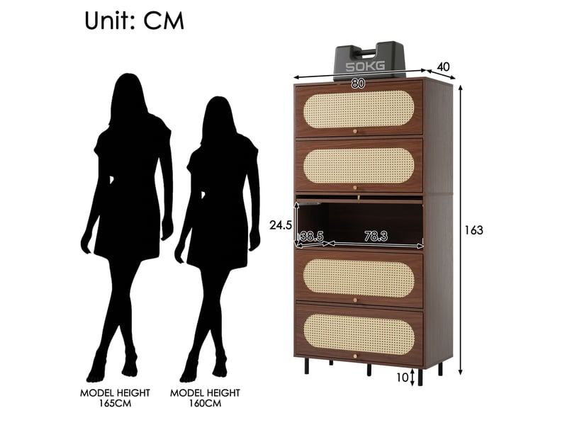  Buffet haut à 5 abattants noyer et rotin 80 x 40 x 163 cm  - Conforama E