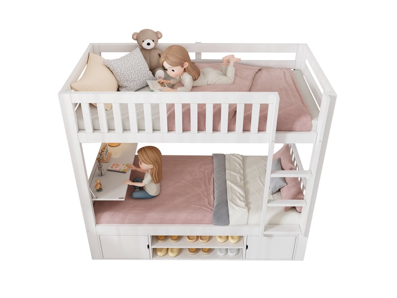  Lit mezzanine enfant 90x200 cm avec table rabattable et range-chaussures bois blanc sans matelas  - Conforama A