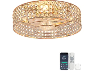 Ventilateur plafonnier avec lumière 50 cm doré, métal et verre, 6 vitesses, commande double réversible