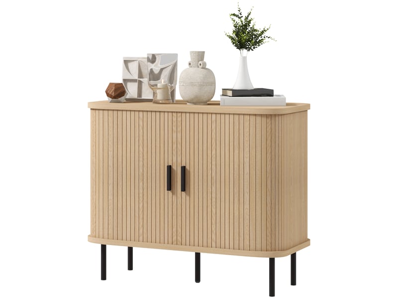  Buffet avec portes coulissantes à lattes, meuble de cuisine avec pieds en acier, aspect chêne  - Conforama B