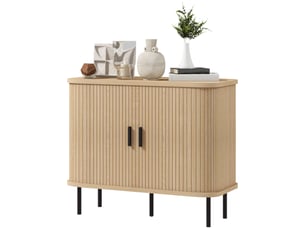 Buffet avec portes coulissantes à lattes, meuble de cuisine avec pieds en acier, aspect chêne