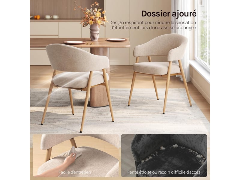  Lot de 6 chaises de salle à manger, accoudoirs incurvés, tissu chenille，beige  - Conforama E